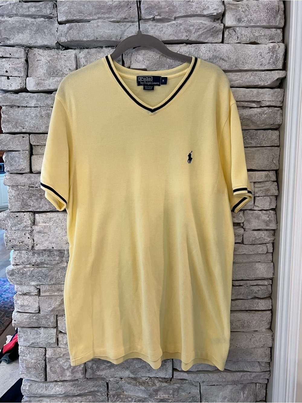 Polo Ralph Lauren Yellow V-Neck pique knit shirt with Navy Trim Men’s Size M